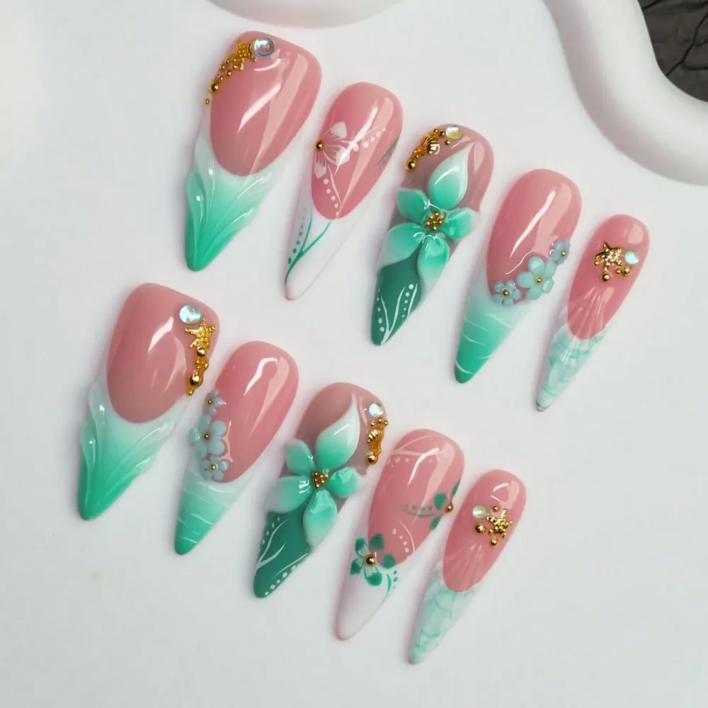 Nailhour 10Pcs Green 3D Gilded Handmade Long Almond Press On Nails