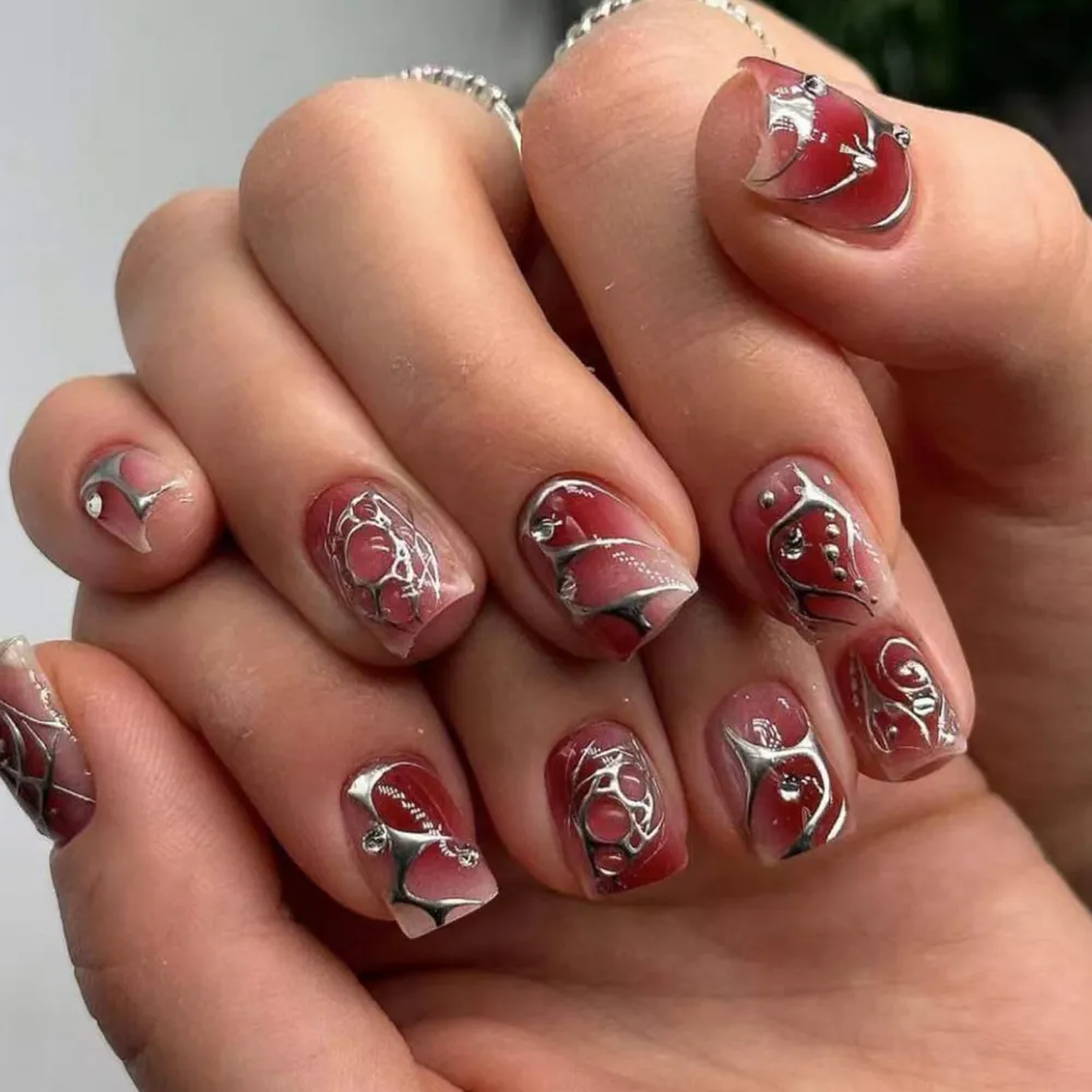 Nailhour 24Pcs Short Square Liquid Metal Chrome Press On Nails