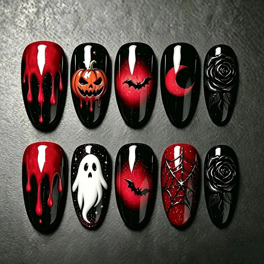 Nailhour 30Pcs Halloween Ghost Handmade Medium Almond Press On Nails