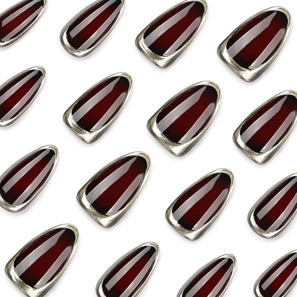 Nailhour 24Pcs Wine Red With Gold Edges Medium Almond French Press On Nails