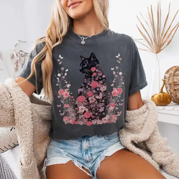Pink Floral Black Cat Cottagecore Shirt