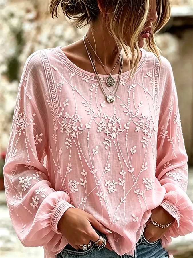 Women's floral fresh round neck top