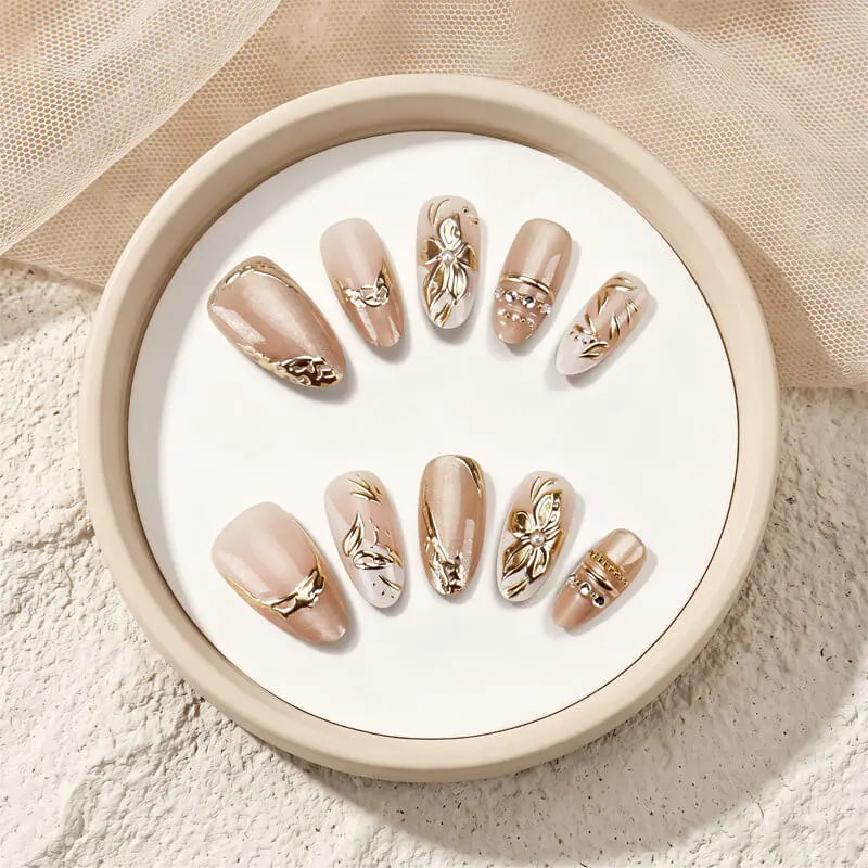 Nailhour 30Pcs French Floral 3D Glitter Medium Almond Press On Nails