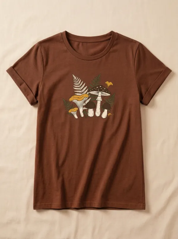 Relaxed Cottagecore Mushroom Fern Printed Women's Graphic T-Shirt