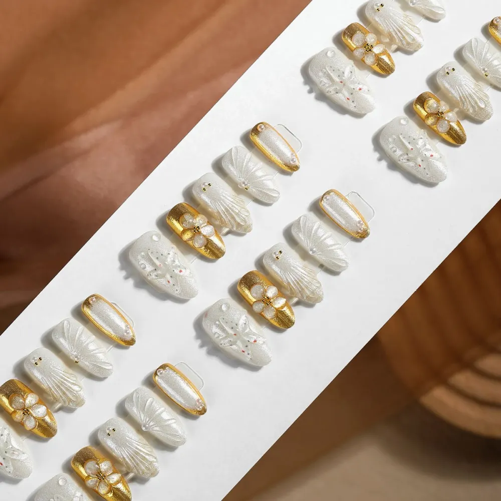 Nailhour 30Pcs French White Gilded Medium Almond Press On Nails