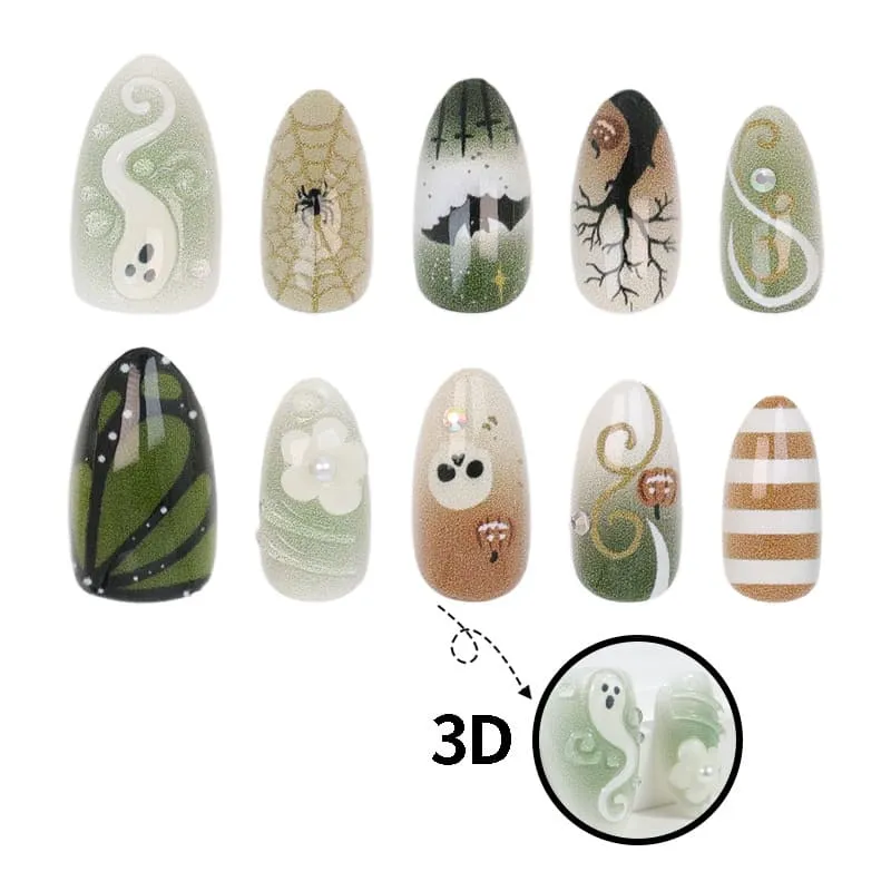 Nailhour 30Pcs 3D Halloween Green Ghost Medium Almond Press On Nails