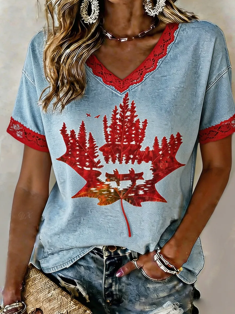 Canadian Maple Leaf Print Women's V-Neck T-Shirt