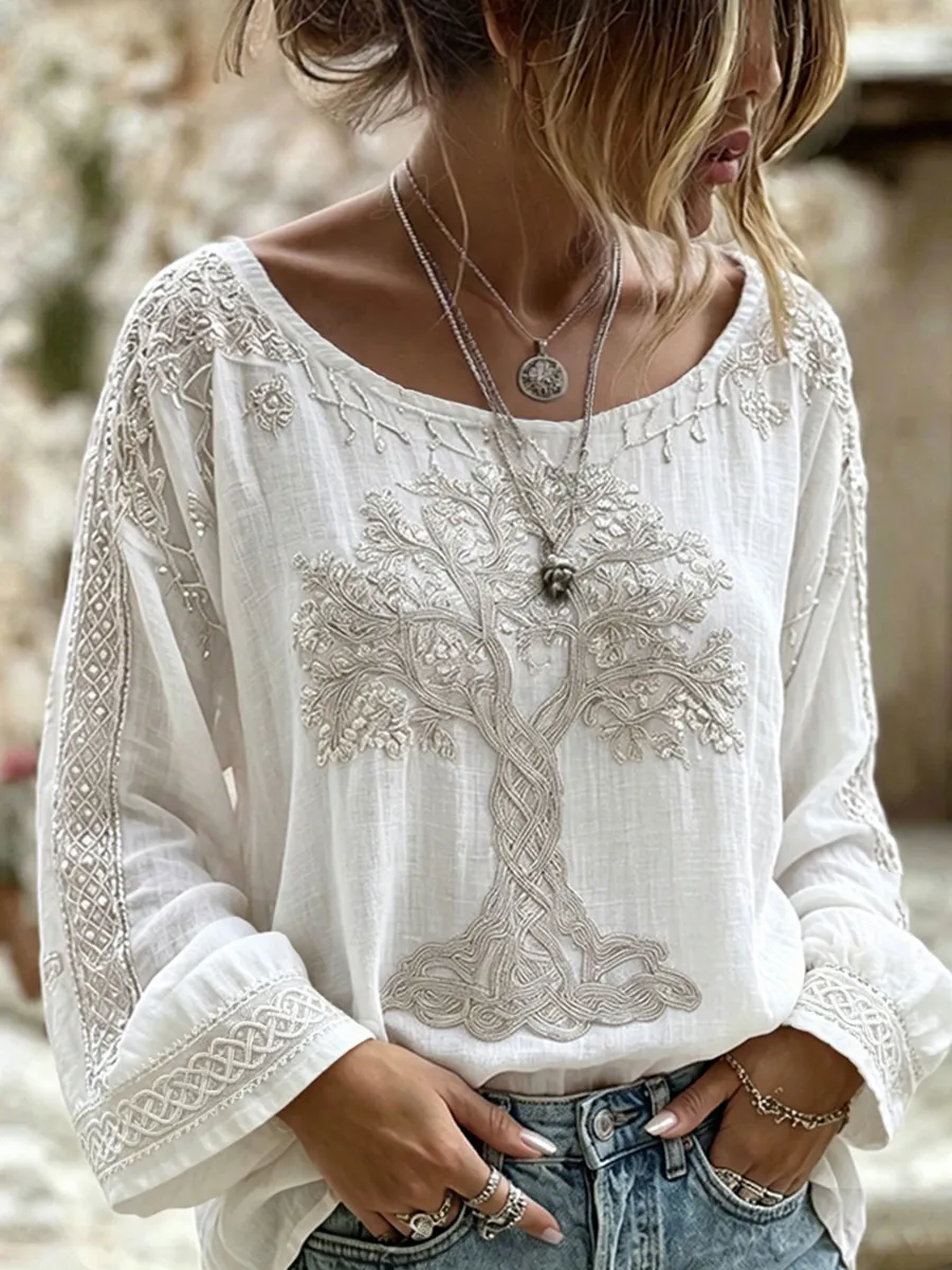 Tree of Life Embroidered Print Women's Long-Sleeve Linen Shirt