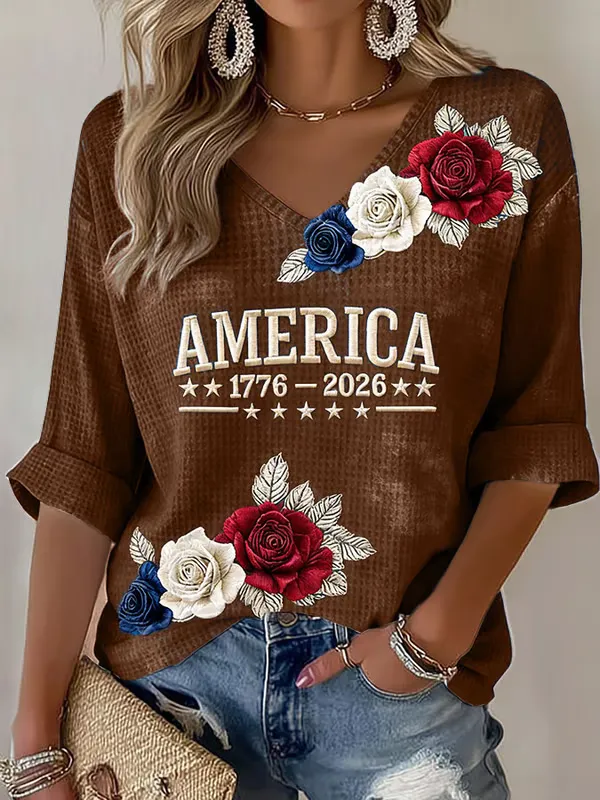 Ladies' American Flag Printed Casual Long Sleeve V-neck T-shirt