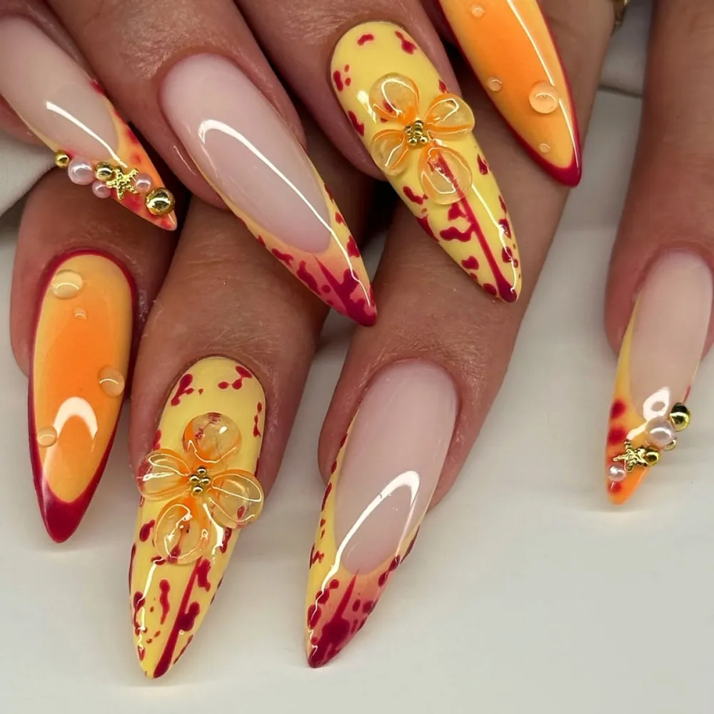 Nailhour 24Pcs Autumn 3D French Floral Medium Stiletto Press On Nails
