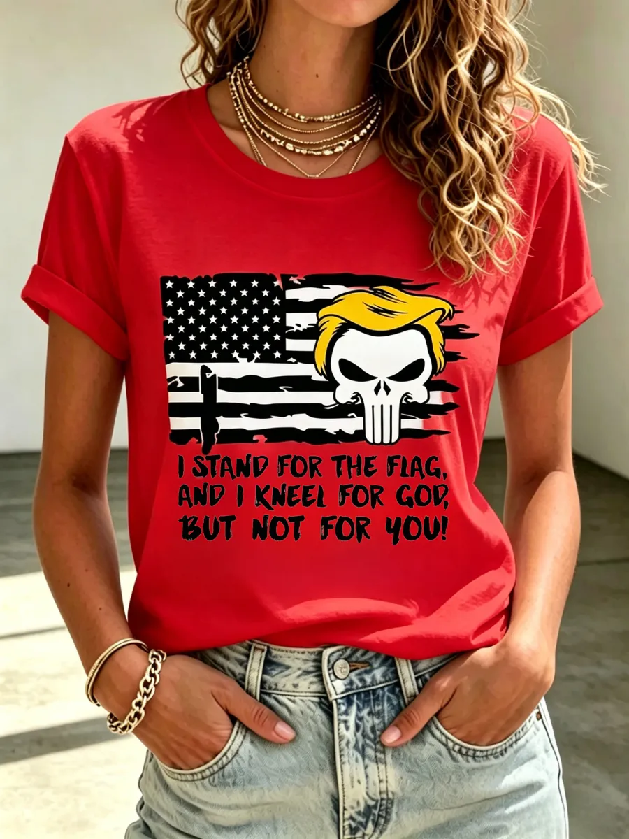 Women's America's 250th Anniversary Stand For The Flag Kneel For The Cross Faith Christian Cross Print T-Shirt