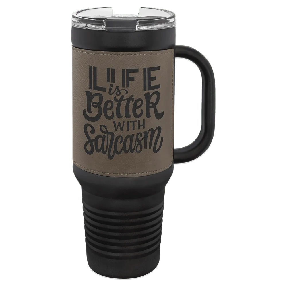 Leatherette Finish Handled Straw Lid Stainless Steel Tumbler