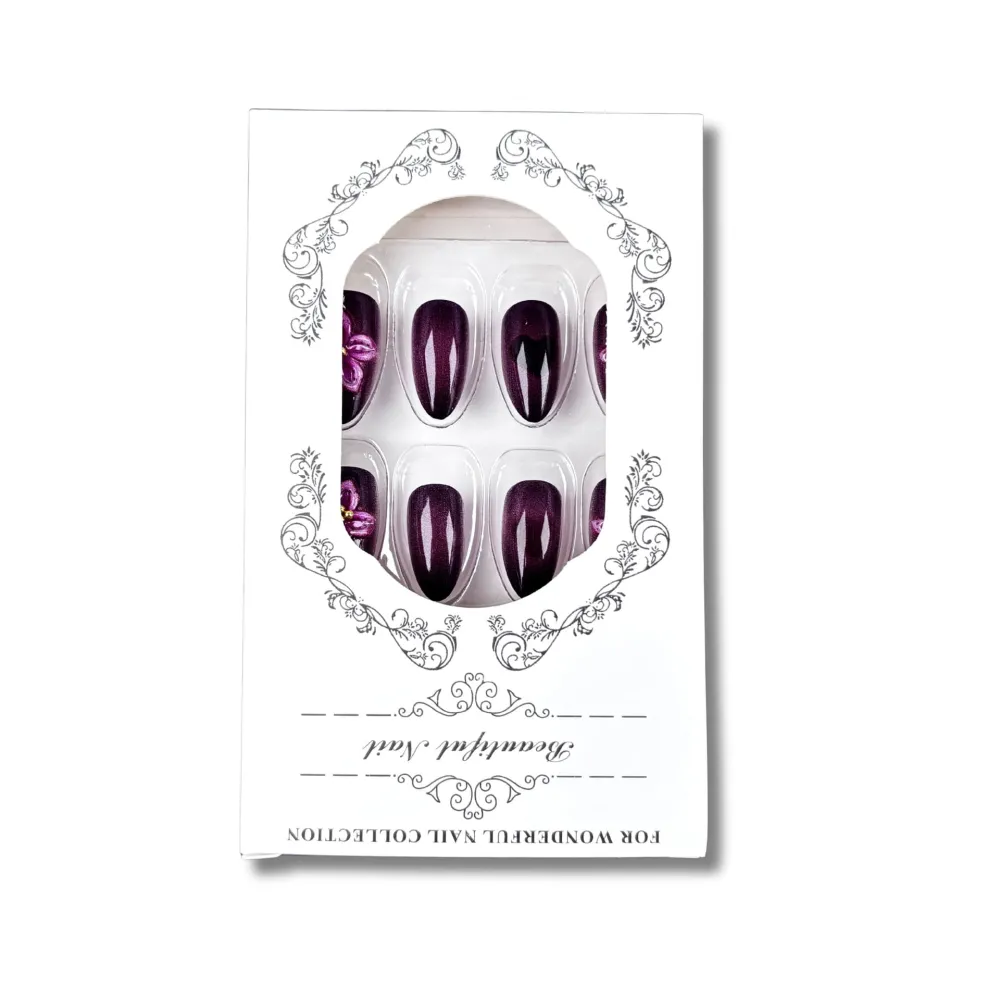 Nailhour 30Pcs Autumn Floral 3D Medium Almond French Purple Press On Nails