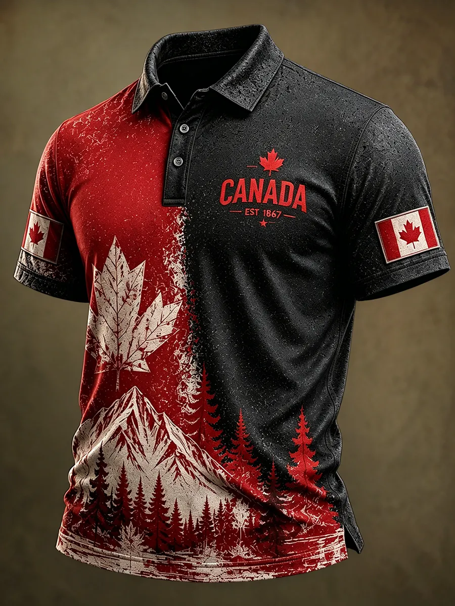Men's Canada EST 1867 Vintage Flag Print Polo Shirt