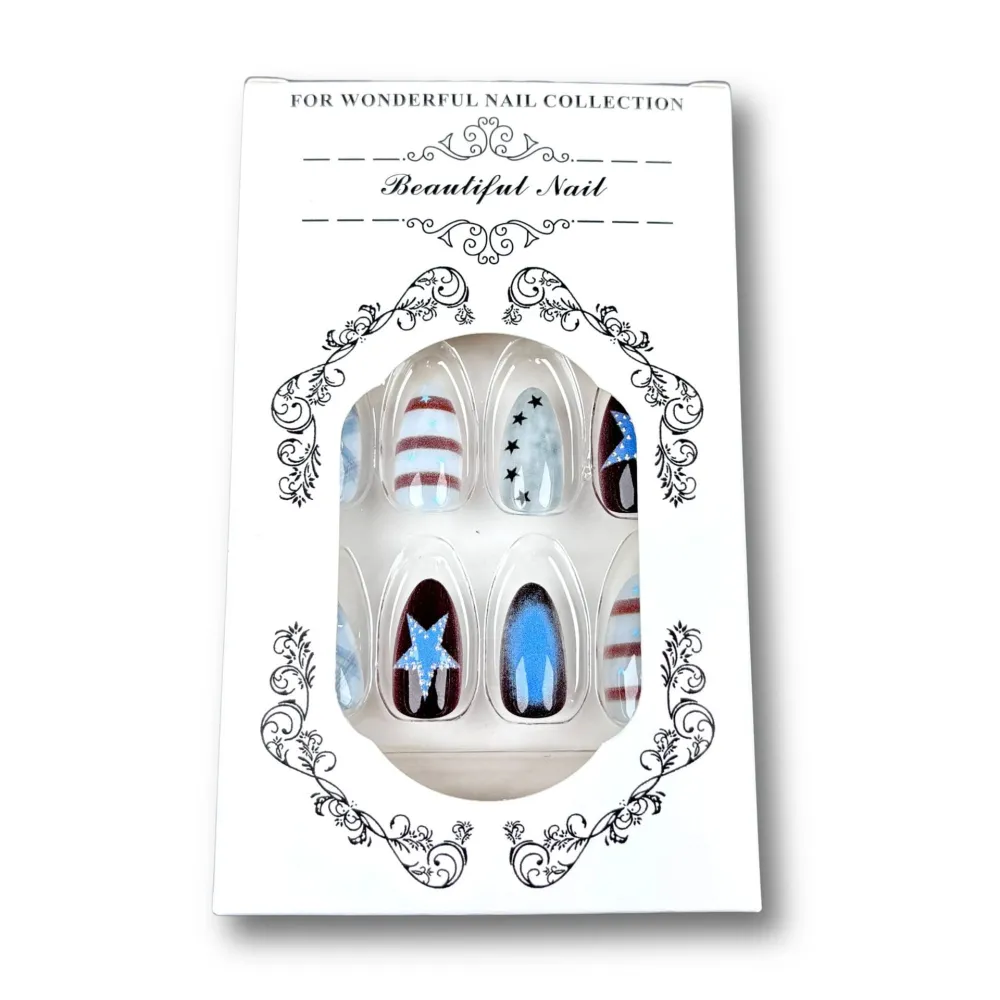 Nailhour 30Pcs Y2K Blue Vintage Short Almond Press On Nails