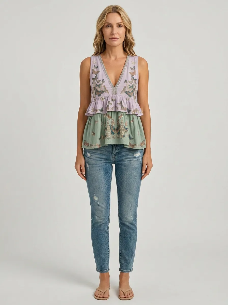 Women's Butterfly Lover Floral Pattern Printed Short Sleeve Top