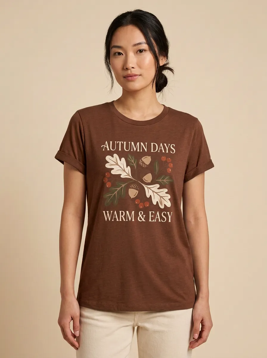 Botanical Acorn Oak Leaf Printed Women's Graphic T-Shirt