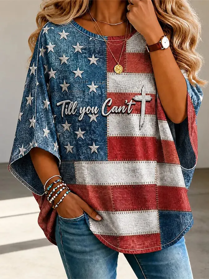 Ladies' Casual American 250Th Anniversary Personalized Printed Cotton And Linen Round Neck Loose Half Sleeved Top