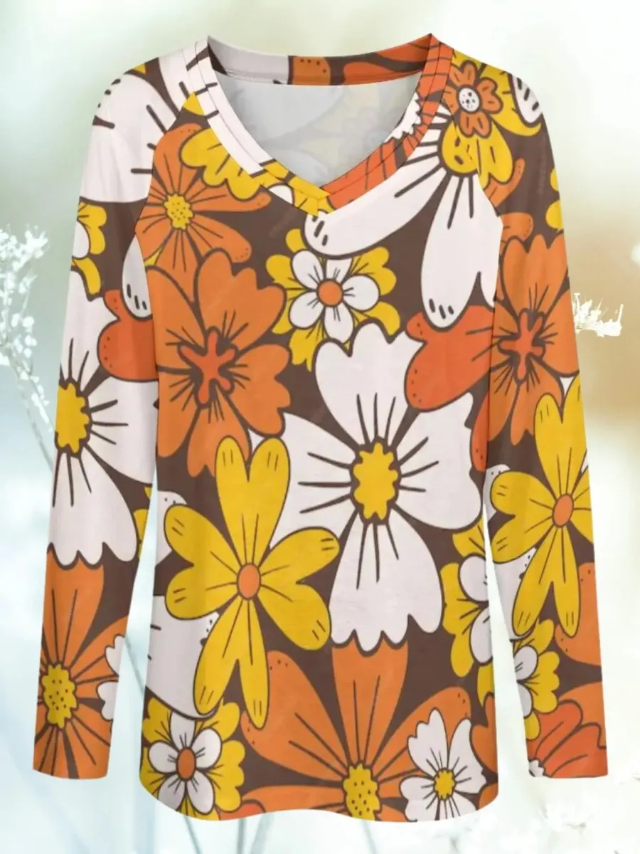 Retro Floral V-Neck T-Shirt