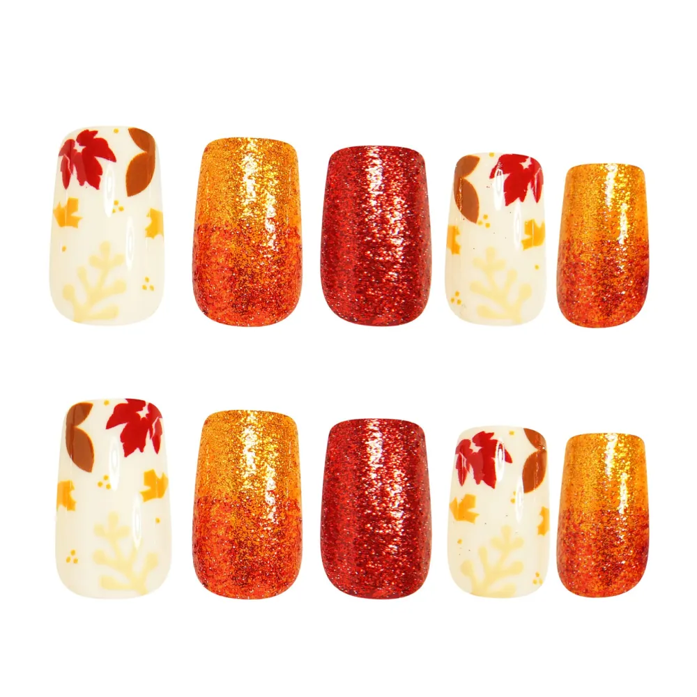 Nailhour 24Pcs Autumn Glitter Short Square Press On Nails