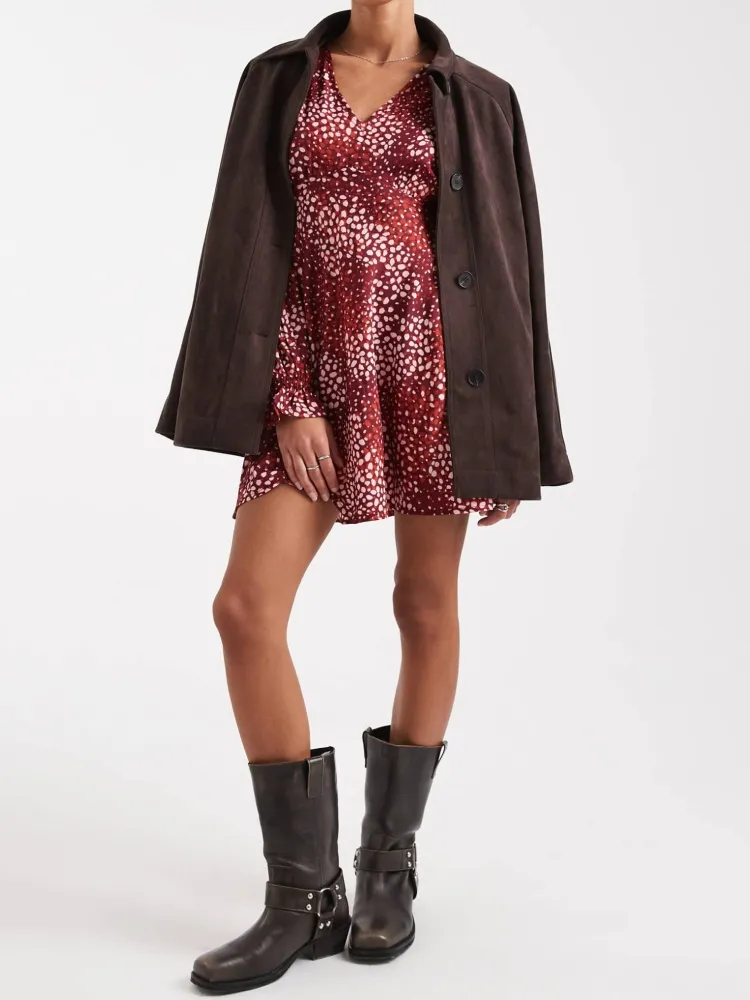 Printed V-Neck Long Sleeve Dress