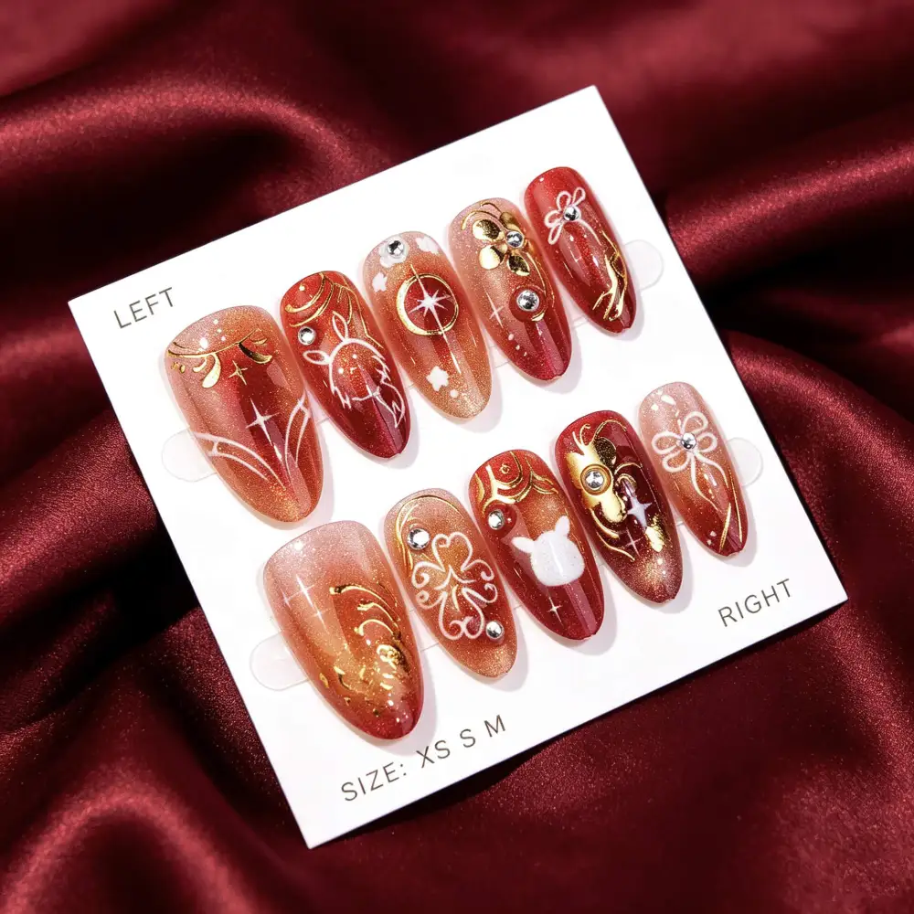 Nailhour 30Pcs Autumn Gilded Cat Eye Medium Almond Press On Nails