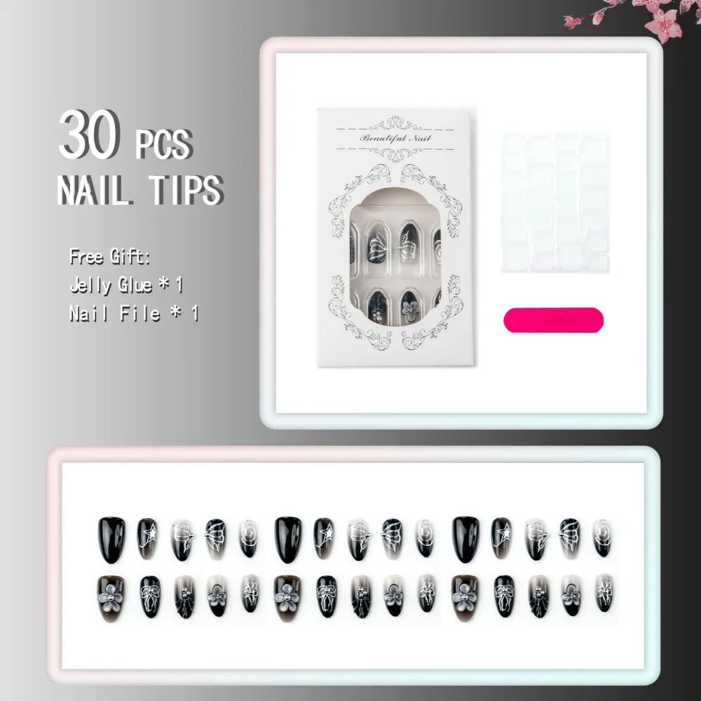 Nailhour 30Pcs Floral 3D Black Medium Almond French Press On Nails