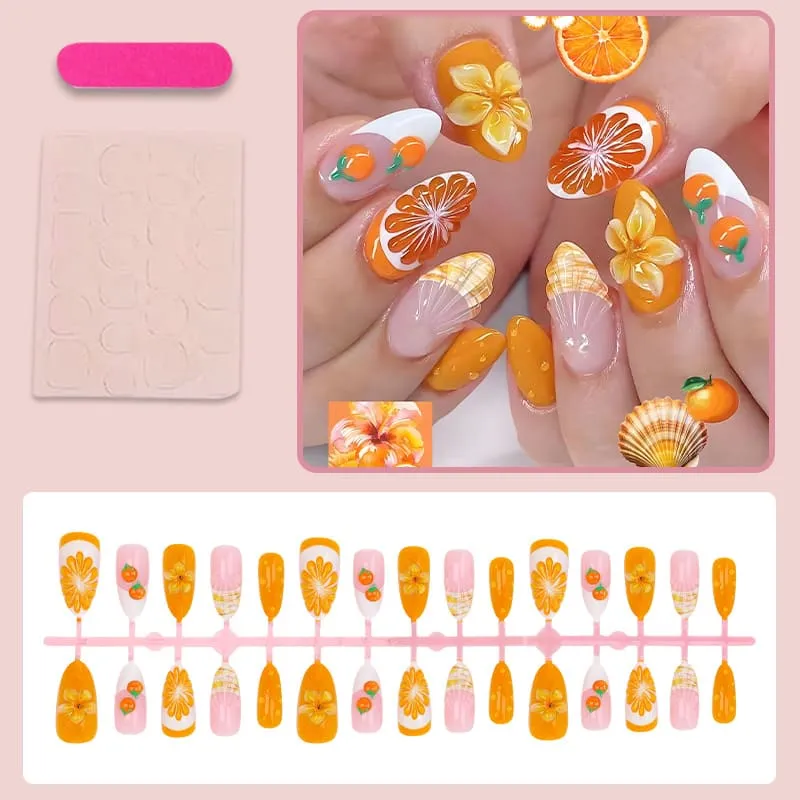 Nailhour 30Pcs Orange 3D Gradient Medium Almond French Press On Nails