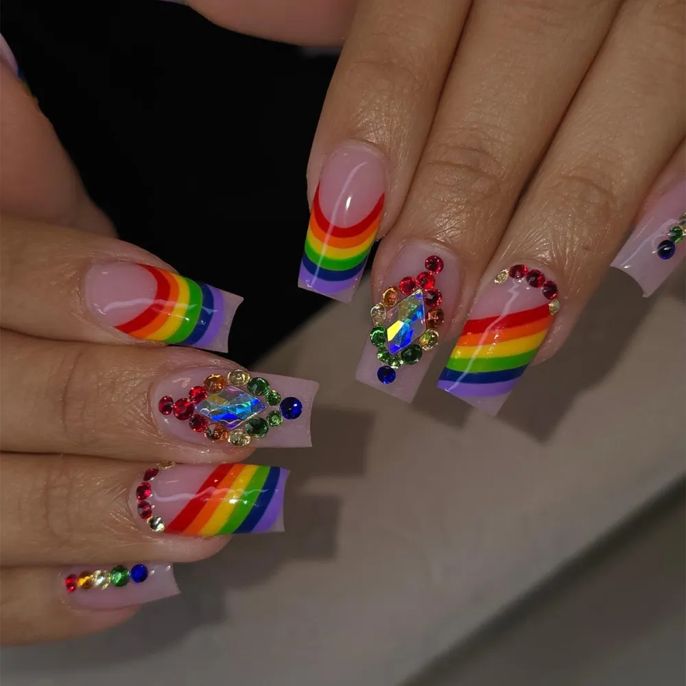 Nailhour 24Pcs Rainbow Striped French Medium Square Press On Nails
