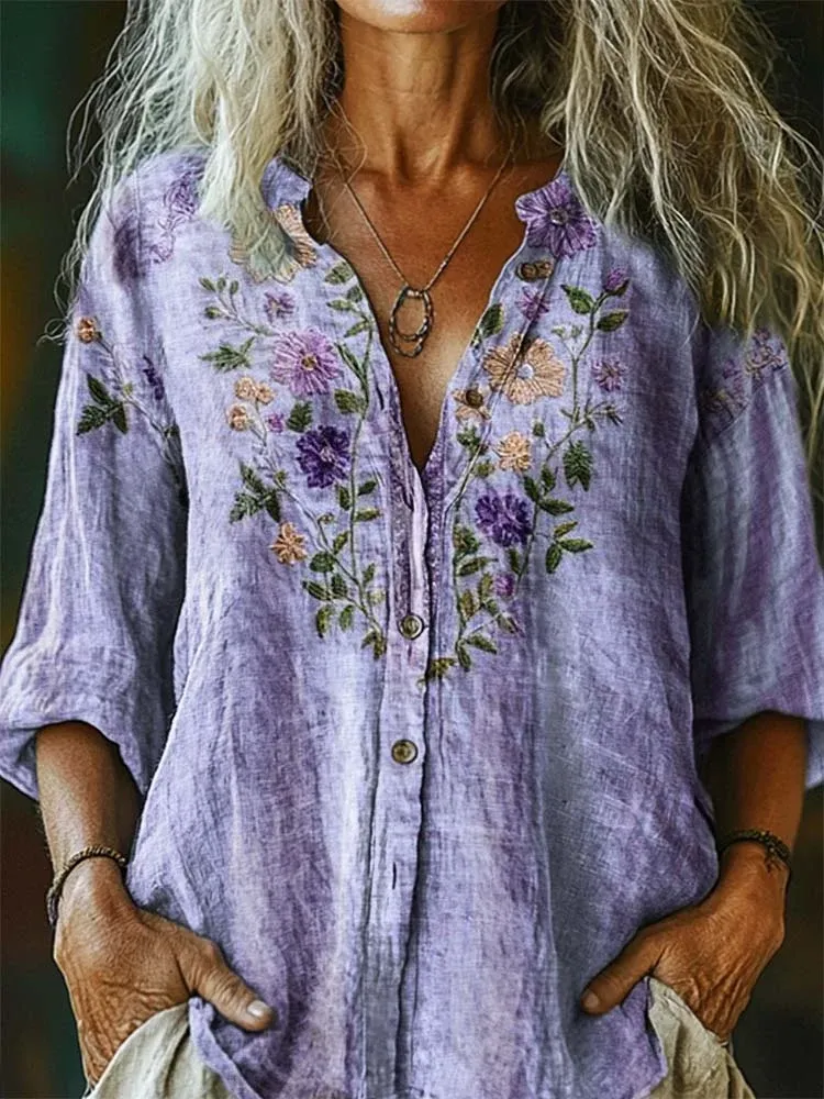 Women's Vintage Floral Pattern Art Print Casual Shirt