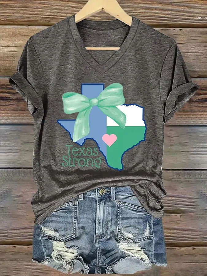 V-Neck Retro Texas Strong Bow Print Short Sleeve T-Shirt