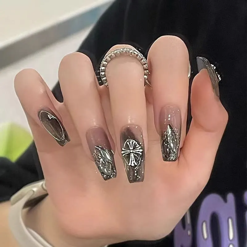 Nailhour 24Pcs Gothic 3D Medium Coffin Dark French Press On Nails