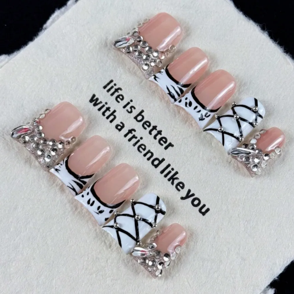 Nailhour 10Pcs Handmade Medium Duck Hand-Painted Zebra Patter Press On Nails