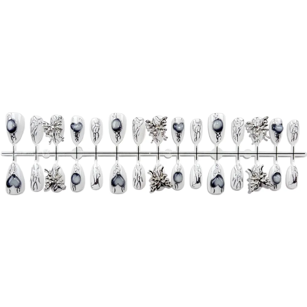 Nailhour 30Pcs Butterfly Almond Grey 3D Gilded Press On Nails