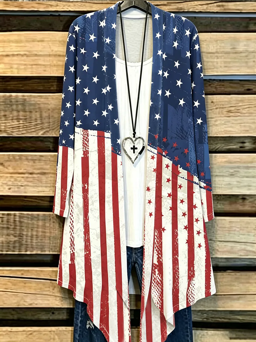 Women's Retro Independence Day Flag Art Cardigan