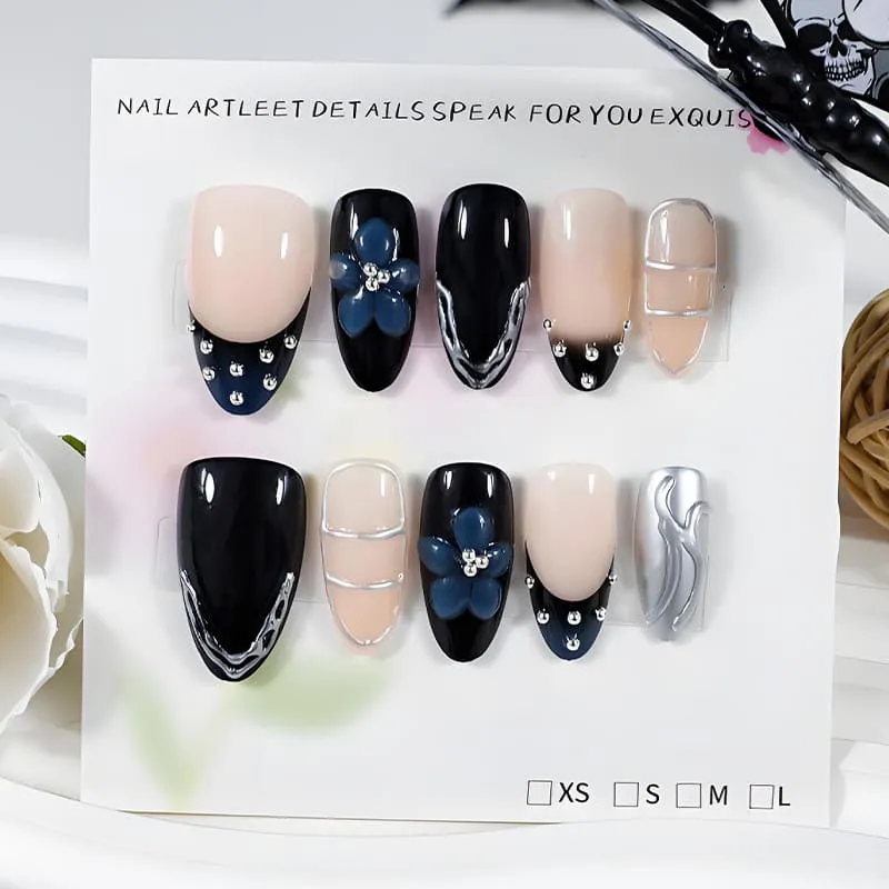 Nailhour 30Pcs Dark Blue Gradient Medium Almond French Press On Nails
