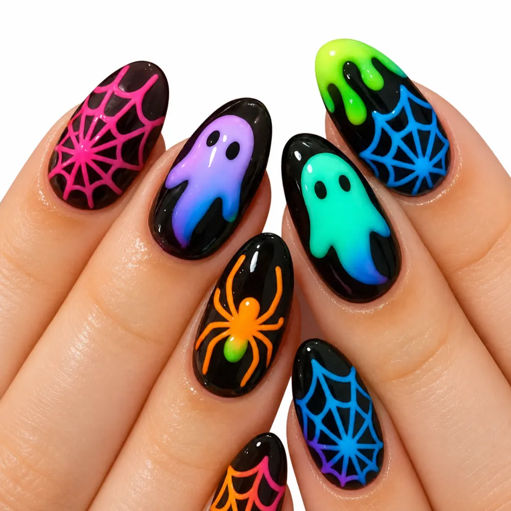 Nailhour 24Pcs Halloween Medium Almond Luminous Ghost Press On Nails