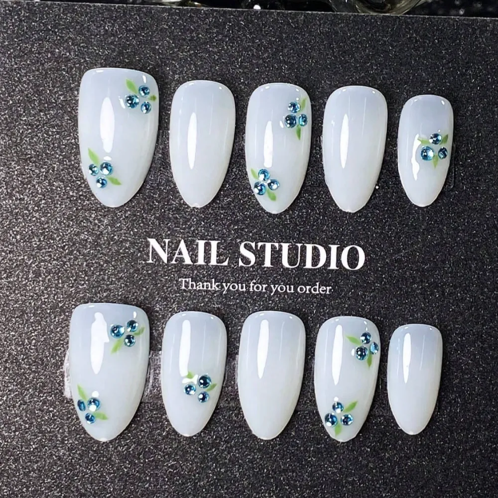 Nailhour 10Pcs Handmade Icy Light Blue Medium Almond 3D Diamond Flower Press On Nails