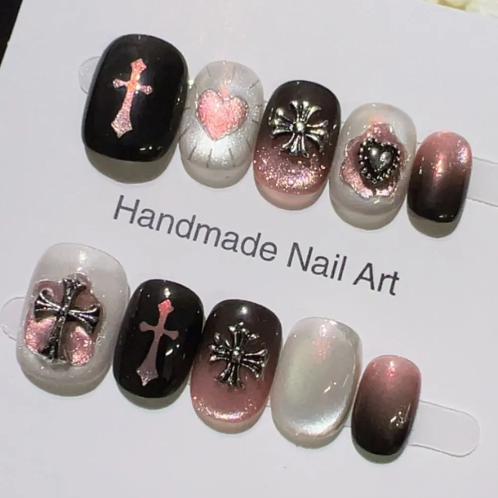 Nailhour 10Pcs Vintage Cat Eye Short Squoval Press On Nails