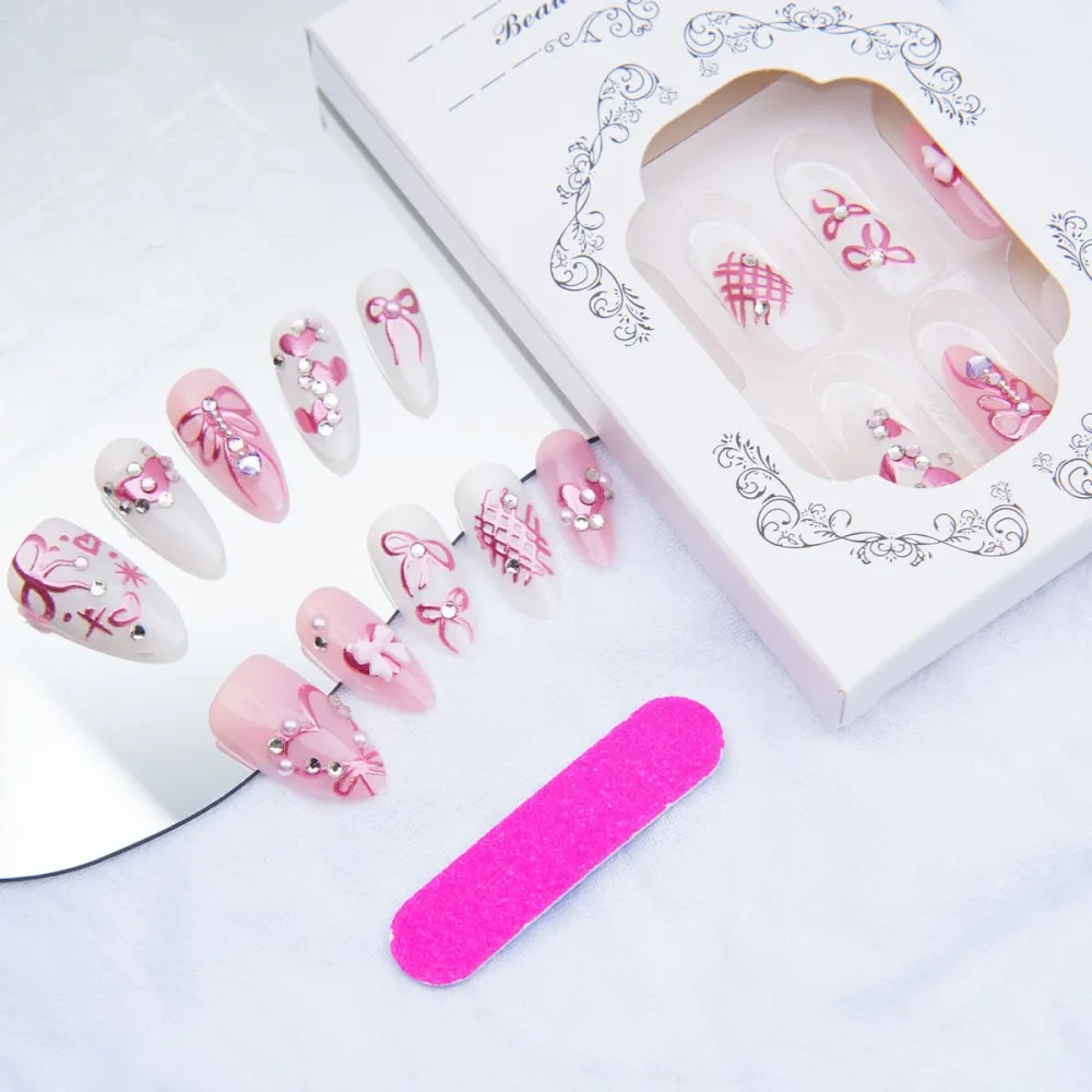 Nailhour 30Pcs Rhinestone 3D Medium Almond French Pink Press On Nails