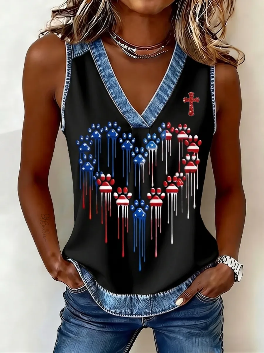 Women's Independence Day Paw Art Print Sleeveless Top