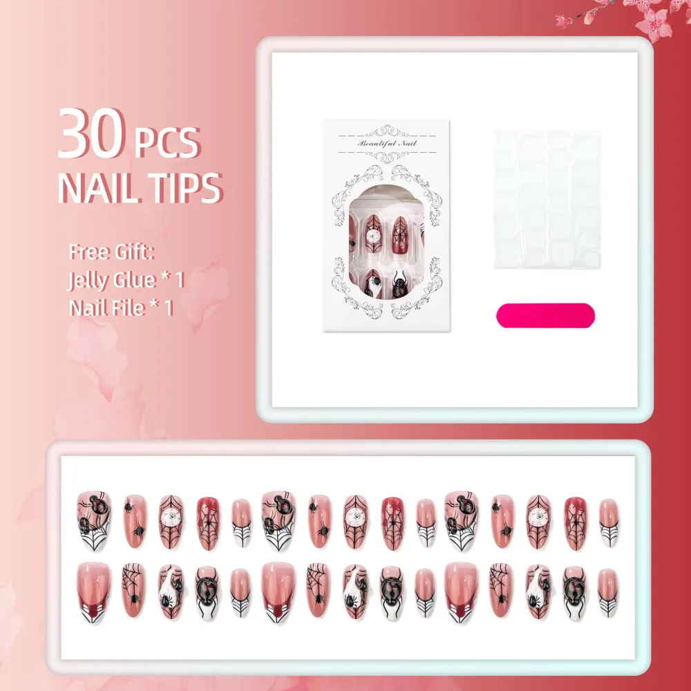 Nailhour 30Pcs Halloween 3D Spider Medium Almond Press On Nails