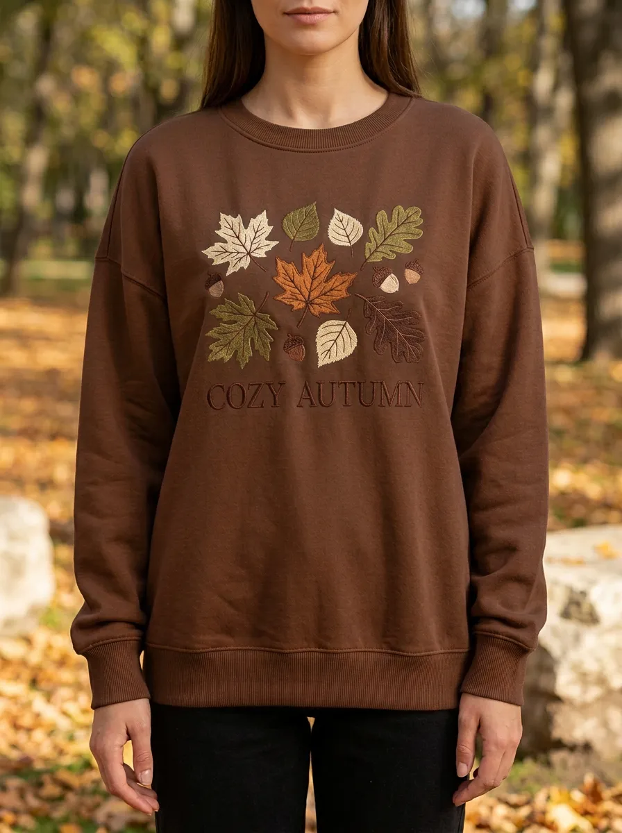 Botanical Maple Leaf Acorn Embroidered Women's Graphic Sweatshirt
