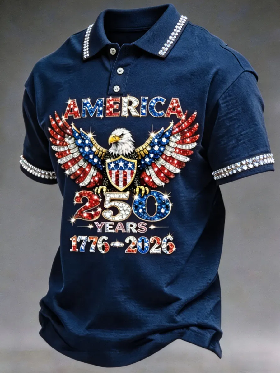 American 250th Anniversary Rhinestone Design Men's Polo Shirt