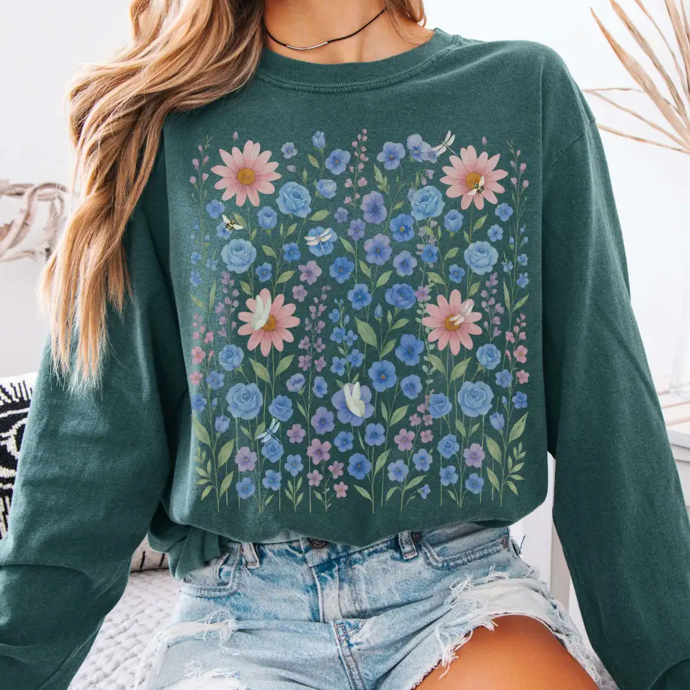 Blue Violet Wildflowers Long Sleeve Shirt