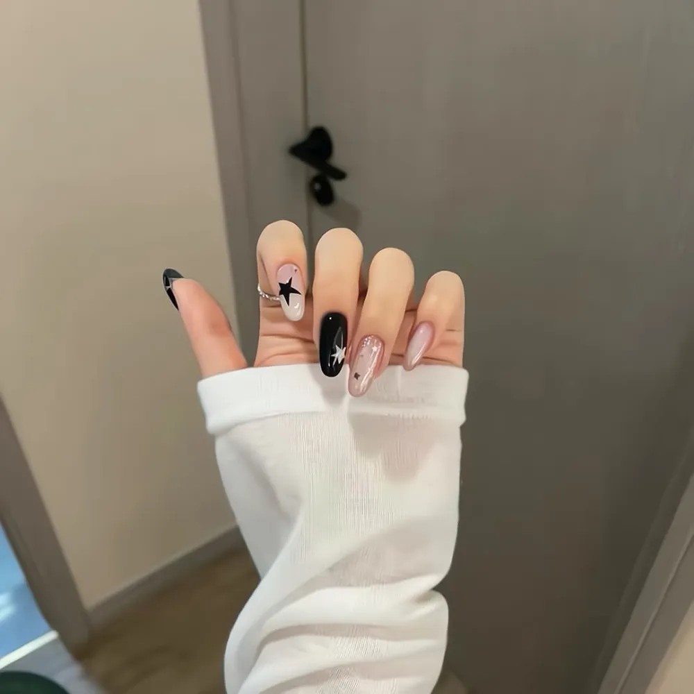 Nailhour 10Pcs Cat Eye French Vintage Medium Oval Press On Nails