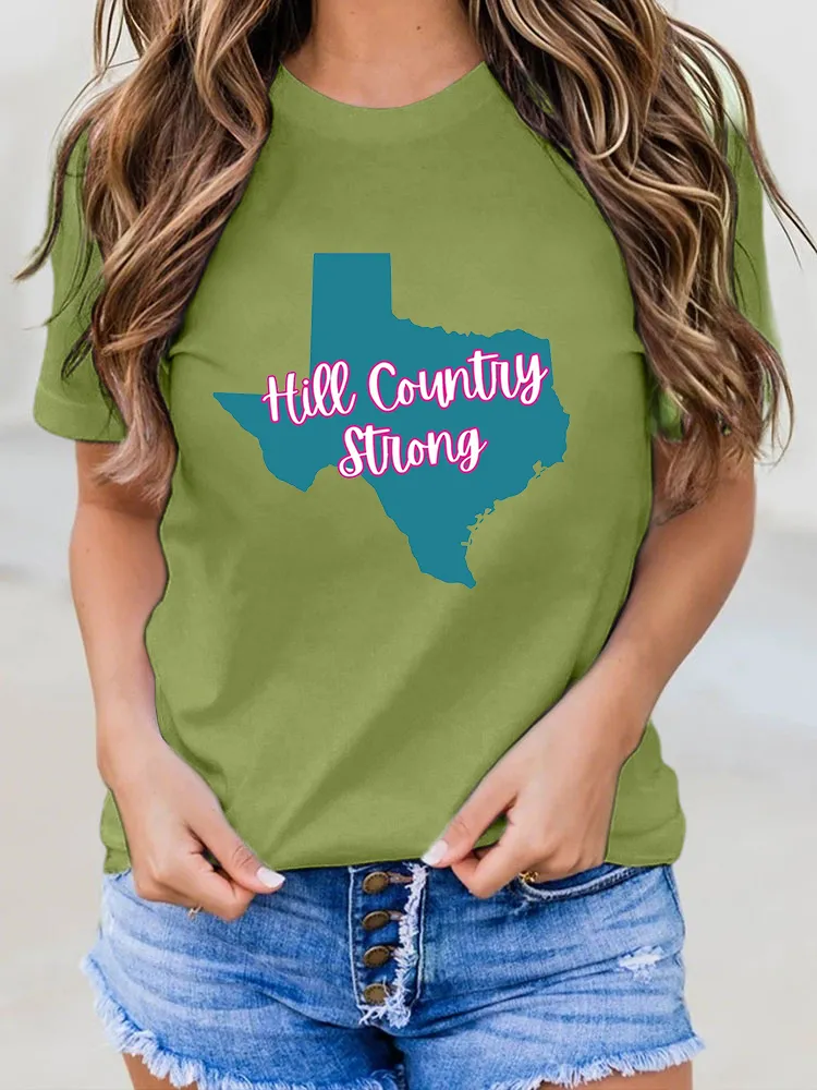 Ladies HILL COUNTRY STRONG All-Match Loose And Slim Round Neck Shirt