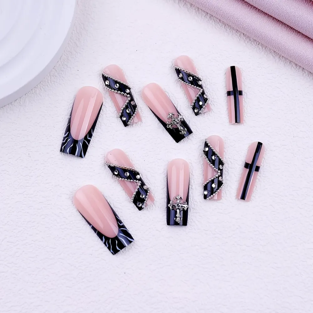 Nailhour 24Pcs Black French Y2K Rhinestone Medium Square Press On Nails