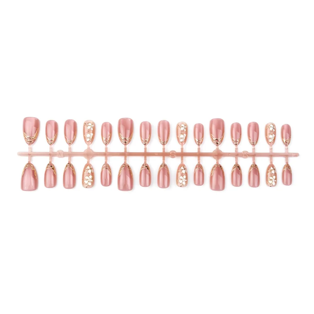 Nailhour 10Pcs Pink Cherry Blossoms Medium Almond Gilded Press On Nails