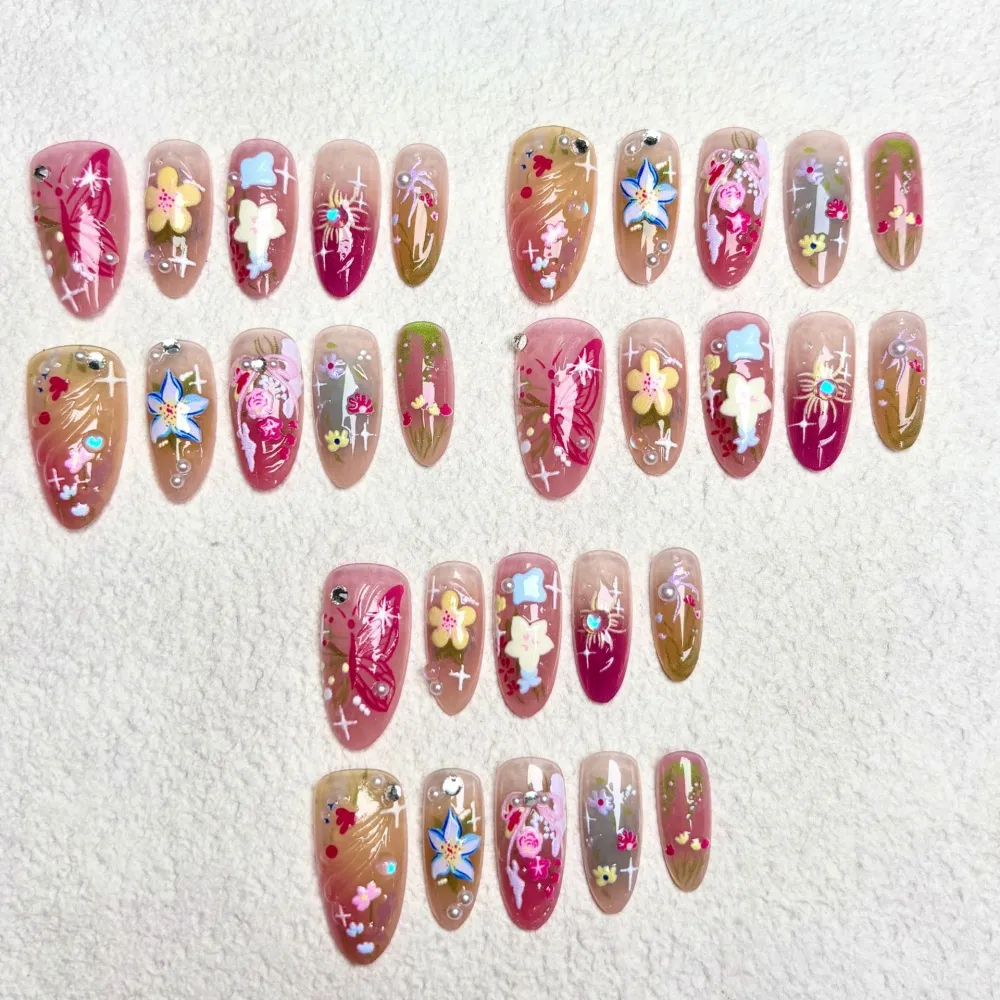 Nailhour 30Pcs Floral Fresh & Simple Medium Almond French Press On Nails